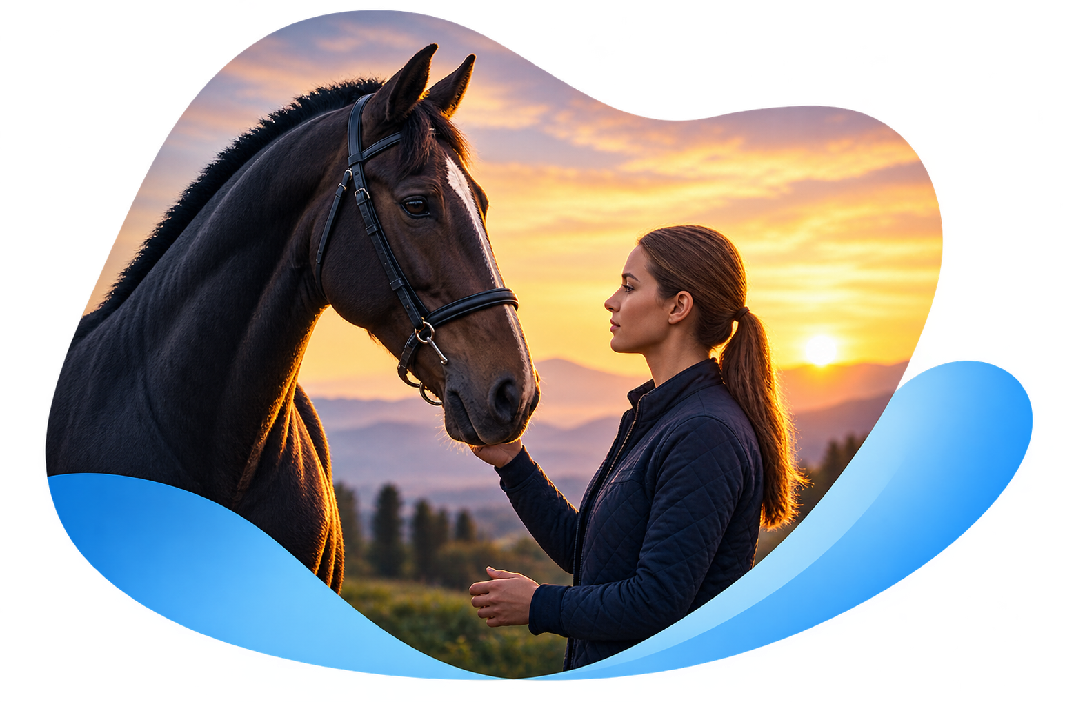 Horse owner with her horse at sunset